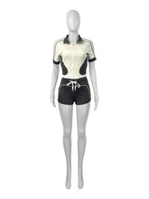 Casual Women Summer Streetwear Paneled Two Tone Slim Sports Short Sleeve Shorts Suits Zip Crop