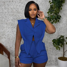 Casual 2 Piece Sleeveless Short Sets with a Single Button Irregular Top and  Matching Shorts