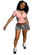Casual Women Summer Streetwear Paneled Two Tone Slim Sports Short Sleeve Shorts Suits Zip Crop