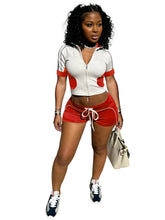 Casual Women Summer Streetwear Paneled Two Tone Slim Sports Short Sleeve Shorts Suits Zip Crop