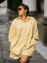 Two Piece Sets Turn Down Collar Full Sleeve Shirt Striped Short Pants Elastic Waist