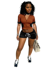 Casual Women Summer Streetwear Paneled Two Tone Slim Sports Short Sleeve Shorts Suits Zip Crop