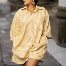 Two Piece Sets Turn Down Collar Full Sleeve Shirt Striped Short Pants Elastic Waist