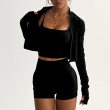 Women's quick drying and breathable three piece exercise and yoga suit: High Waisted Shorts, Vest, and Jacket