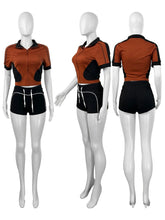 Casual Women Summer Streetwear Paneled Two Tone Slim Sports Short Sleeve Shorts Suits Zip Crop