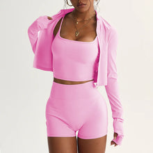 Women's quick drying and breathable three piece exercise and yoga suit: High Waisted Shorts, Vest, and Jacket
