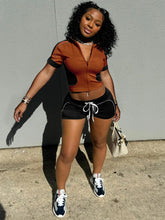 Casual Women Summer Streetwear Paneled Two Tone Slim Sports Short Sleeve Shorts Suits Zip Crop
