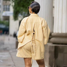 Two Piece Sets Turn Down Collar Full Sleeve Shirt Striped Short Pants Elastic Waist