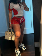 Casual Women Summer Streetwear Paneled Two Tone Slim Sports Short Sleeve Shorts Suits Zip Crop