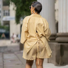 Two Piece Sets Turn Down Collar Full Sleeve Shirt Striped Short Pants Elastic Waist