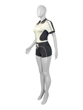 Casual Women Summer Streetwear Paneled Two Tone Slim Sports Short Sleeve Shorts Suits Zip Crop