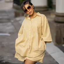 Two Piece Sets Turn Down Collar Full Sleeve Shirt Striped Short Pants Elastic Waist