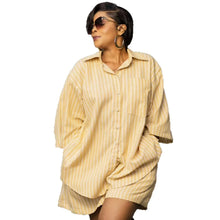 Two Piece Sets Turn Down Collar Full Sleeve Shirt Striped Short Pants Elastic Waist