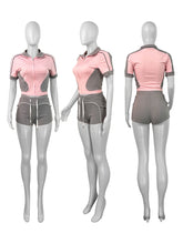 Casual Women Summer Streetwear Paneled Two Tone Slim Sports Short Sleeve Shorts Suits Zip Crop
