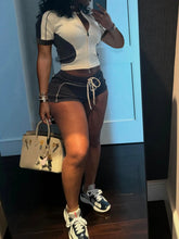 Casual Women Summer Streetwear Paneled Two Tone Slim Sports Short Sleeve Shorts Suits Zip Crop