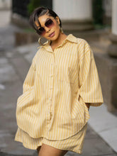 Two Piece Sets Turn Down Collar Full Sleeve Shirt Striped Short Pants Elastic Waist