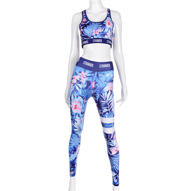Women Fitness Workout Set: Blue Leafs Printed Tracksuit